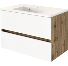 Moderner Waschtischunterschrank mit integriertem Waschbecken, zwei weißen Schubladenfronten und Seitenwänden in Eiche-Optik.