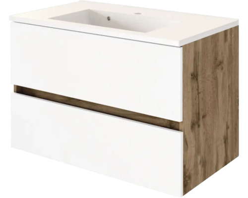 Moderner Waschtischunterschrank mit integriertem Waschbecken, zwei weißen Schubladenfronten und Seitenwänden in Eiche-Optik.