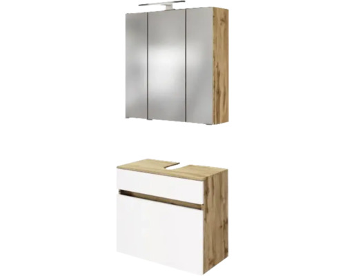 Badezimmermöbel-Set mit LED-Spiegelschrank und wandhängendem Waschbeckenunterschrank in Eiche-Optik mit weißen Fronten.