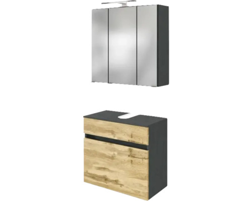 Badezimmermöbel-Set mit dreitürigem Spiegelschrank inklusive LED-Beleuchtung und Waschbeckenunterschrank in Anthrazit mit Holzdekor-Fronten.