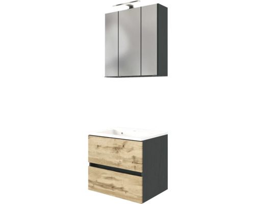 Badezimmer-Möbelset mit dreitürigem Spiegelschrank inklusive LED-Beleuchtung und Waschtisch mit zwei Schubladen in Eichenoptik und Anthrazit.