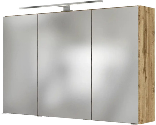 Armoire de toilette à trois portes pour salle de bains avec corps aspect bois et luminaire LED supérieur.