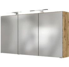 Armoire de toilette à trois portes avec corps aspect bois et deux lampes LED.