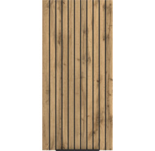 Panneau acoustique avec lattes en bois aspect chêne et rainures noires.