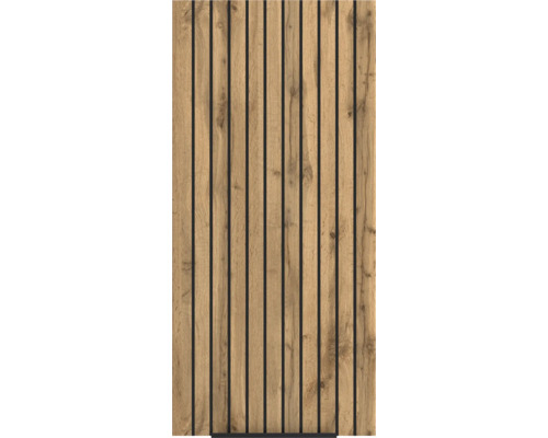 Panneau acoustique avec lattes en bois aspect chêne et rainures noires.