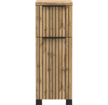 Colonne de salle de bain aspect chêne avec accents de lamelles verticales noires et pieds noirs.