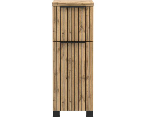 Colonne de salle de bain aspect chêne avec accents de lamelles verticales noires et pieds noirs.