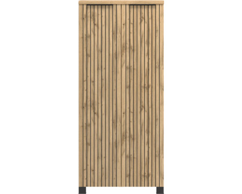 Façade d'armoire en aspect chêne avec des lattes de bois verticales et des joints noirs.