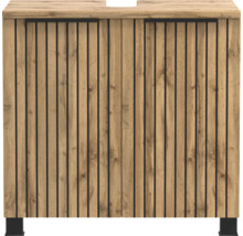 Meuble sous-vasque aspect chêne avec lattes verticales, découpe pour siphon et poignées noires.