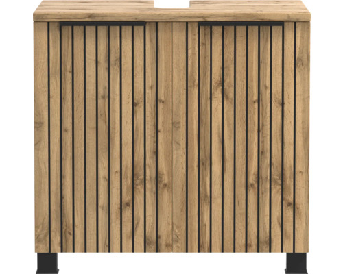Meuble sous-vasque aspect chêne avec lattes verticales, découpe pour siphon et poignées noires.