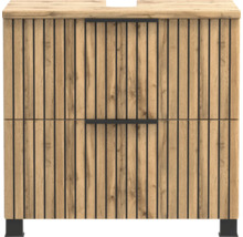 Meuble sous-vasque aspect chêne avec lamelles verticales noires, deux tiroirs avec poignées noires et pieds noirs.