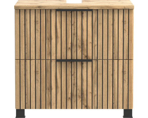 Meuble sous-vasque aspect chêne avec lamelles verticales noires, deux tiroirs avec poignées noires et pieds noirs.