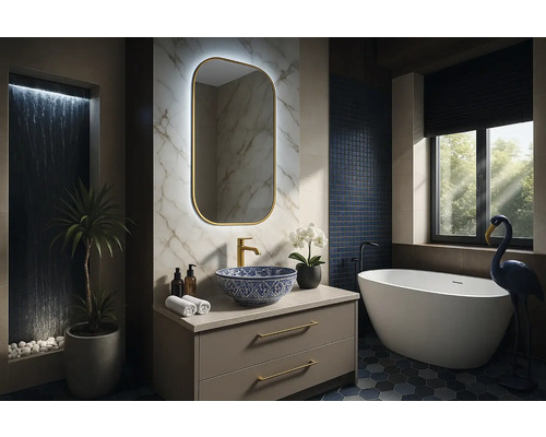 Salle de bain moderne avec meuble-lavabo, miroir, baignoire et décoration