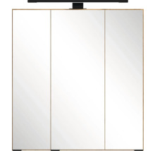 Armoire de toilette en bois pour salle de bain avec trois portes et éclairage LED noir.