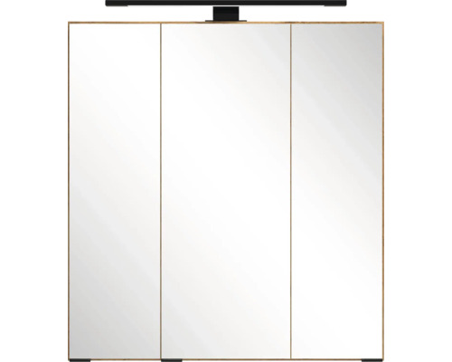Armoire de toilette en bois pour salle de bain avec trois portes et éclairage LED noir.