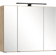 Armoire de toilette pour salle de bains avec trois portes miroirs, une lampe intégrée noire et un corps aspect bois.