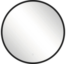 Miroir rond avec cadre noir et capteur tactile au bas.