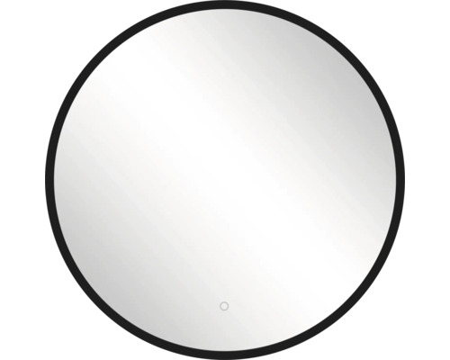 Miroir rond avec cadre noir et capteur tactile au bas.