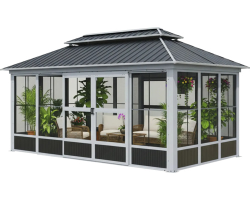 Pavillon mit Schiebetür und Pflanzen