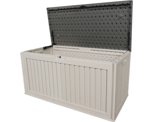 Coffre de jardin ouvert en plastique pour ranger les outils de jardin et les coussins