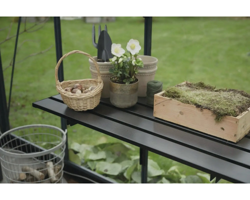 Gros plan d'une table de serre avec un panier, une plante et des pots