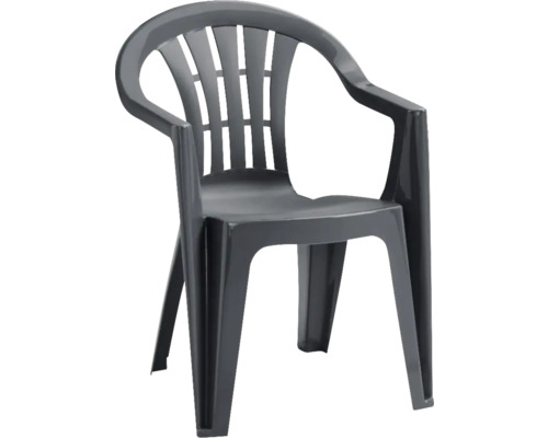 Chaise de jardin empilable en plastique anthracite avec accoudoirs et dossier à lattes.
