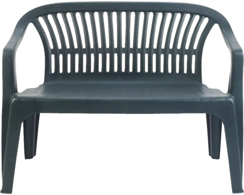Banc de jardin vert foncé en plastique, 2 places, avec dossier haut et accoudoirs.