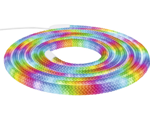 Tube lumineux à LED enroulé aux couleurs de l arc en ciel avec câble de raccordement blanc.