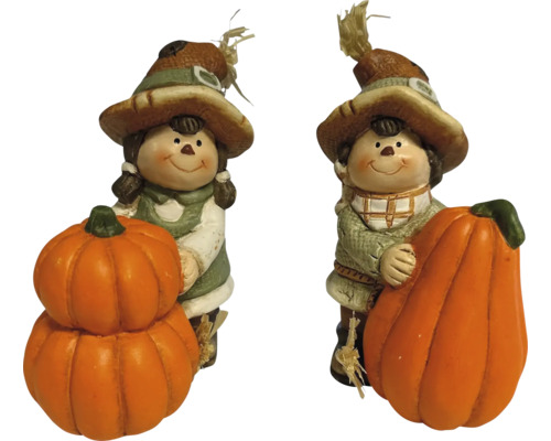 Deux figurines décoratives d'automne avec des citrouilles