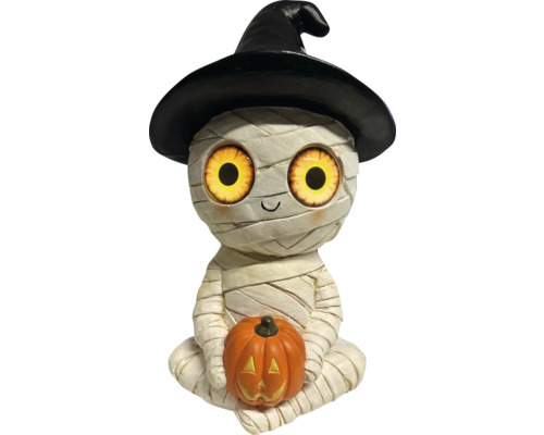 Momie d'Halloween avec chapeau de sorcière et décoration de citrouille