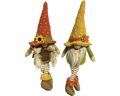 Deux lutins décoratifs en tissu avec des jambes rayées, une longue barbe et des chapeaux pointus