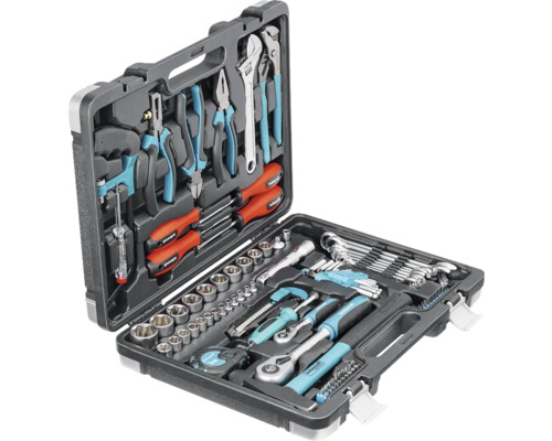 Boîte à outils ouverte avec clés, pinces, tournevis et autres outils