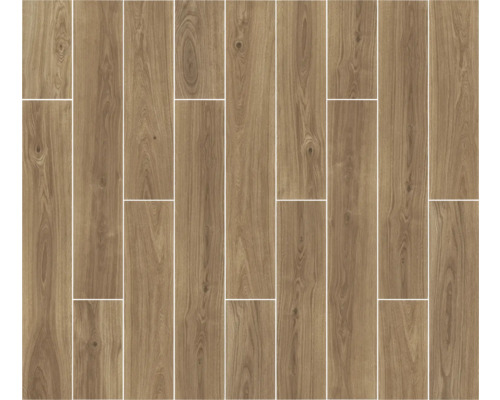 Verlegtes Feinsteinzeug in Holzoptik.