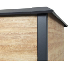 Vue détaillée d'un abri de jardin avec façade en bois et profilé d'angle