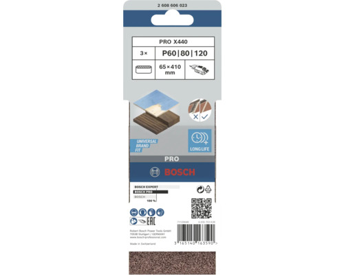 Lot de bandes abrasives Bosch Pro X440, grain P60, P80 et P120, dimension 65 x 410 millimètres, 3 pièces