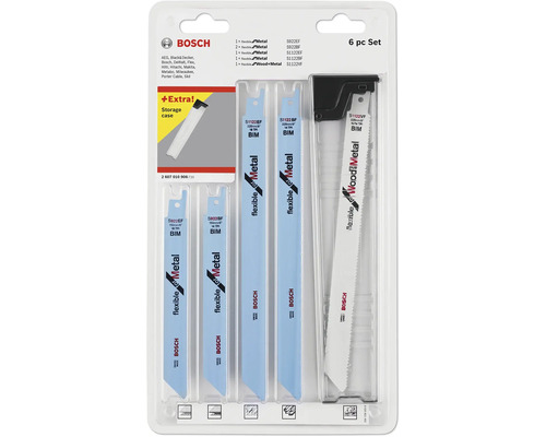 Jeu de lames de scie sabre Bosch, six pièces, pour métal et bois, avec coffret de rangement