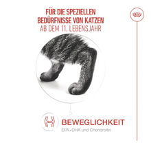 Aliment pour chats pour les besoins spécifiques des chats à partir de 11 ans, axé sur la mobilité.