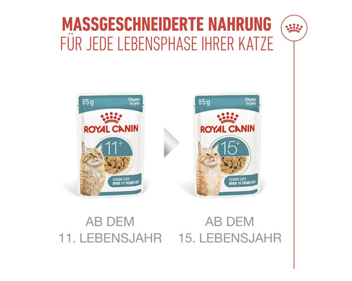 Zwei Packungen Royal Canin Katzenfutter, geeignet ab dem 11. und 15. Lebensjahr der Katze