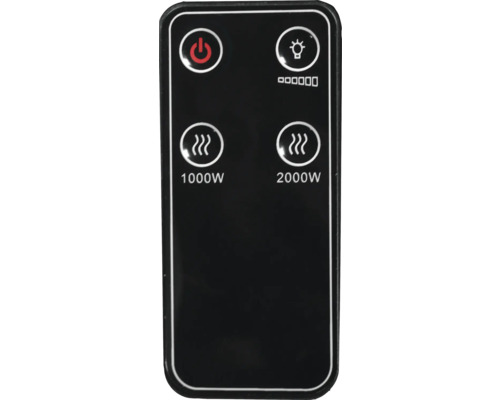 Télécommande pour appareils de chauffage avec diverses fonctions telles que marche/arrêt, niveaux de chaleur et contrôle de la lumière.
