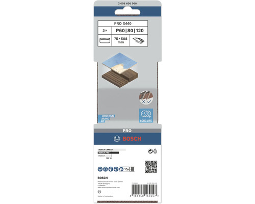 Bandes abrasives Bosch Pro X440, grain P60, P80 et P120, 75x508 millimètres