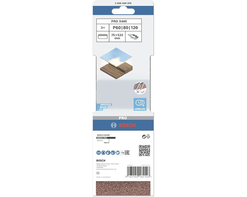 Bosch PRO X440 Schleifband Set, Körnung P60, P80 und P120, Größe 75 x 533 Millimeter