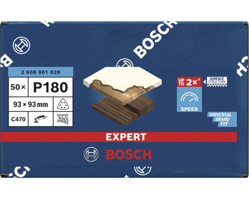 Feuilles abrasives Bosch Expert, grain P180, 93 x 93 millimètres, 50 pièces