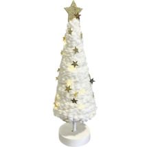 Sapin de Noël décoratif en matériau souple blanc avec des étoiles dorées et un éclairage LED sur un support rond.