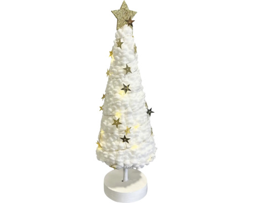 Sapin de Noël décoratif en matériau souple blanc avec des étoiles dorées et un éclairage LED sur un support rond.
