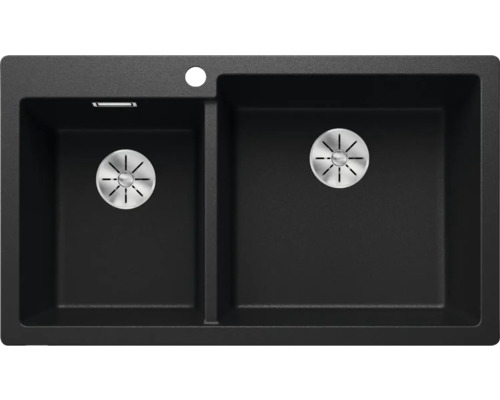 Schwarze Küchenspüle mit zwei Becken und Abflusssieb