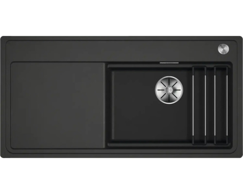Schwarzes Küchenspülbecken mit Abtropffläche, Siebkorbventil und Reling