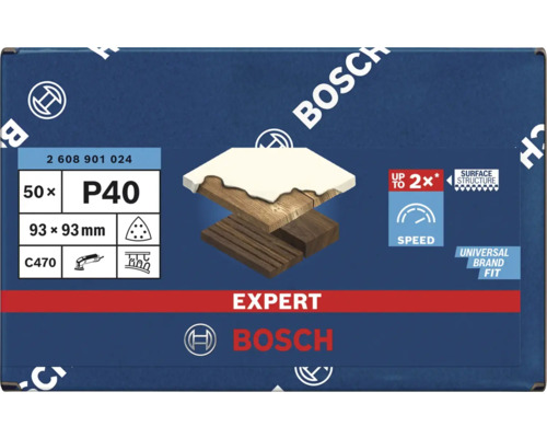 Feuilles abrasives Bosch Expert, 50 pièces, grain P40, 93x93 millimètres
