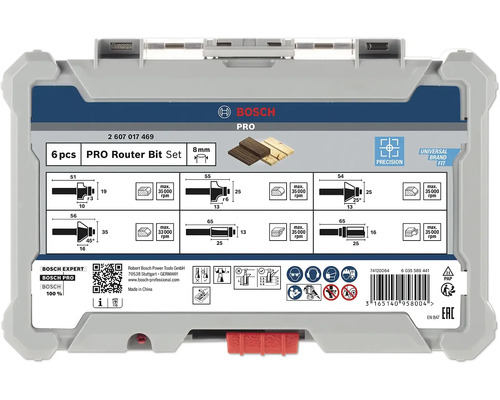 Bosch PRO Oberfräser-Set 6-teilig mit 8 Millimeter Schaft in Aufbewahrungsbox mit technischen Angaben und Sicherheitssymbolen.