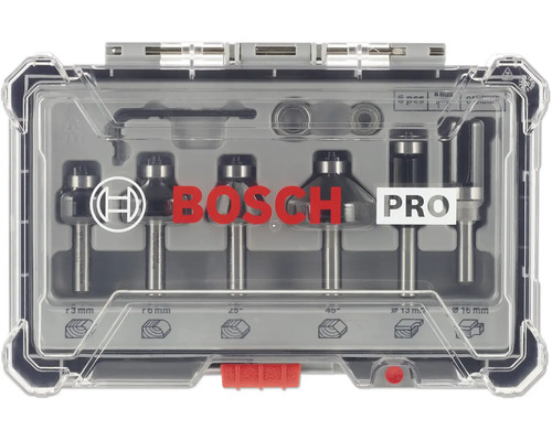 Bosch Logo auf einem sechsteiligen Bosch Pro Fräser-Set in einer transparenten Kunststoffbox für Oberfräsen zur Holzbearbeitung.