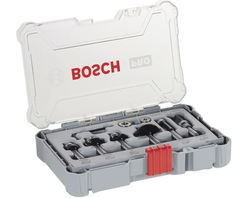 Bosch Oberfräser-Set, 6-teilig, in grauer Aufbewahrungsbox mit transparentem Deckel und rotem Verschluss.